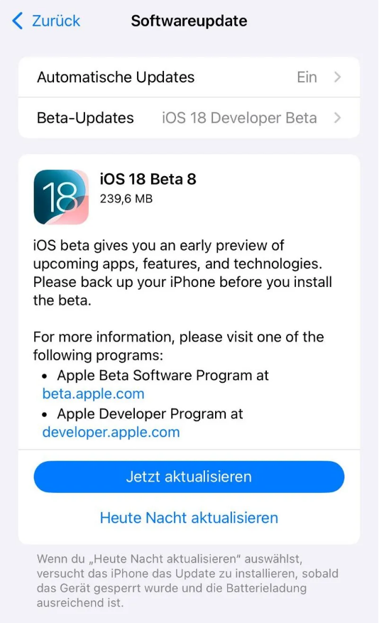 乡宁苹果手机维修分享苹果 iOS / iPadOS 18 开发者预览版 Beta 8 发布 